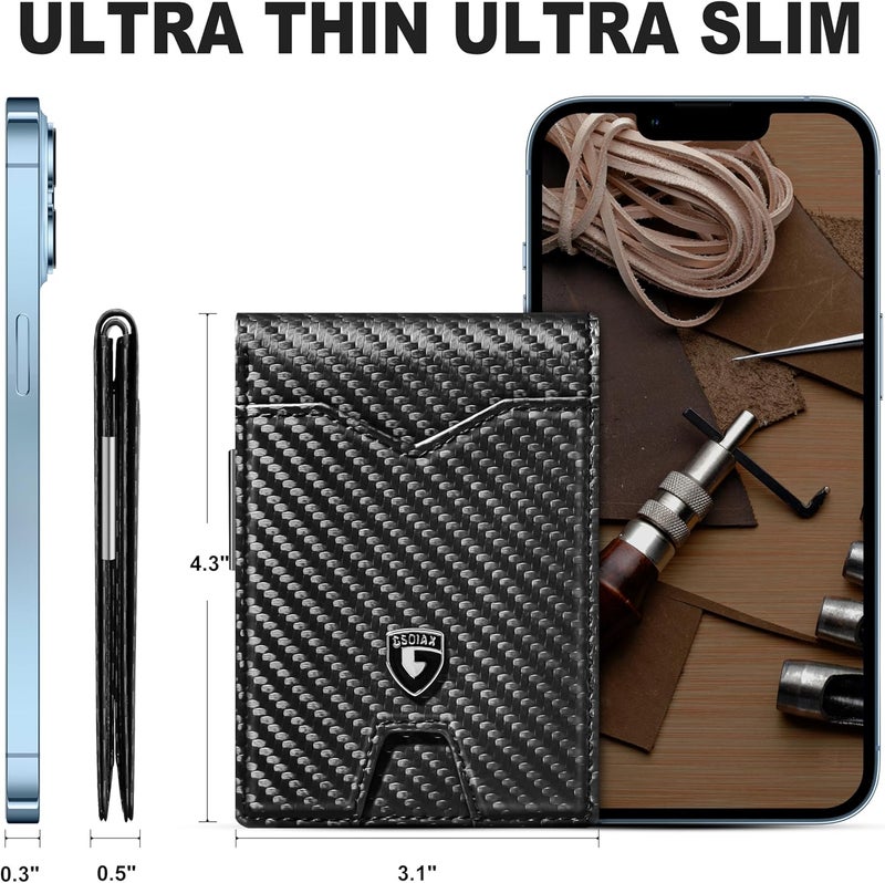GSOIAX Mens Slim Wallet for Men Minimalist Genuine Leather Carbon Fiber Rfid Blocking Bifold Credit Card Holder With Gift Box (Carbon-money clip) - Image 5
